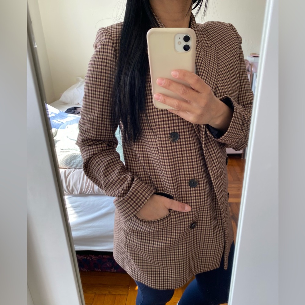 Zara Textured Brown Check Double Breasted Blazer Jacket Size XS - Picture 10 of 10